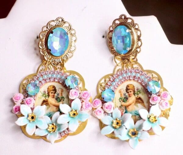SOLD! 7514 Baroque Cherubs Aqua Rhinestones Cameo Studs Earrings