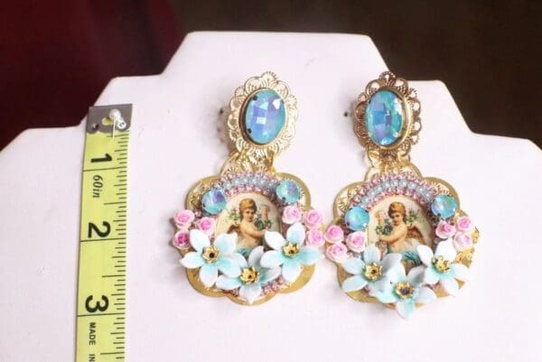 SOLD! 7514 Baroque Cherubs Aqua Rhinestones Cameo Studs Earrings - Image 5