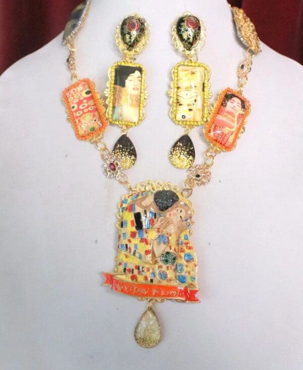 SOLD! 7515 Art Jewelry Gustav Klimt Carved Hand Painted Necklace
