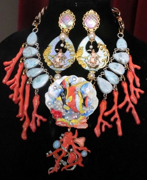 SOLD! 7520 Nautical Ocean 3D Effect Fish Genuine Caribbean Larimar Gemstones Massive Necklace
