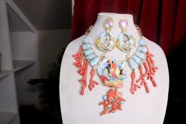 SOLD! 7520 Nautical Ocean 3D Effect Fish Genuine Caribbean Larimar Gemstones Massive Necklace - Image 3