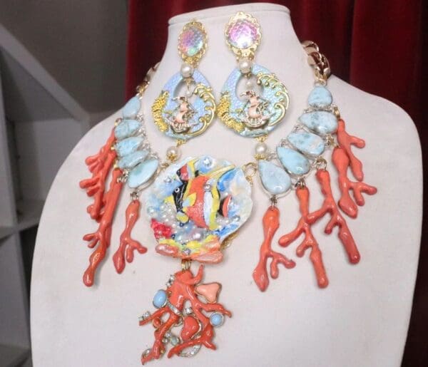 SOLD! 7520 Nautical Ocean 3D Effect Fish Genuine Caribbean Larimar Gemstones Massive Necklace - Image 5