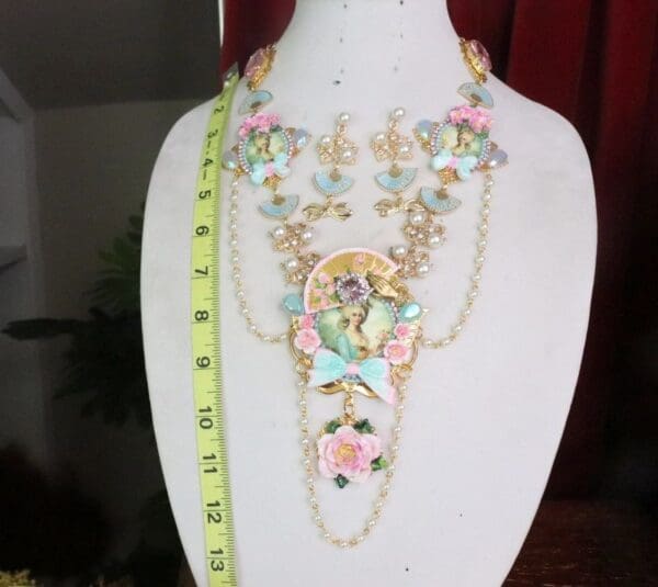 SOLD! 7529 Set Of Marie Antoinette Hand Painted Roses Aqua Style Necklace+ Earrings - Image 4