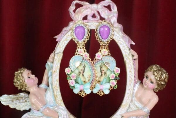 SOLD! 7530 Young Marie Antoinette Fan Aqua Elegant Earrings - Image 2
