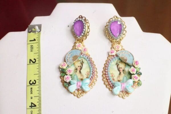 SOLD! 7530 Young Marie Antoinette Fan Aqua Elegant Earrings - Image 3