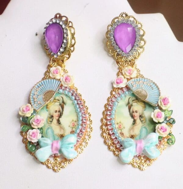 SOLD! 7530 Young Marie Antoinette Fan Aqua Elegant Earrings - Image 4