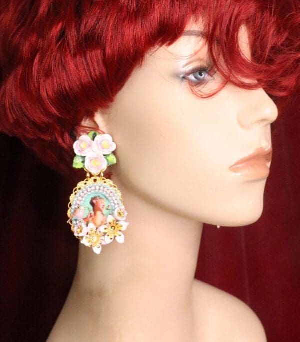 SOLD! 7532 Young Marie Antoinette Aqua Bird Roses Cameo Elegant Earrings - Image 6