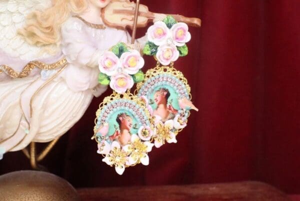 SOLD! 7532 Young Marie Antoinette Aqua Bird Roses Cameo Elegant Earrings - Image 9