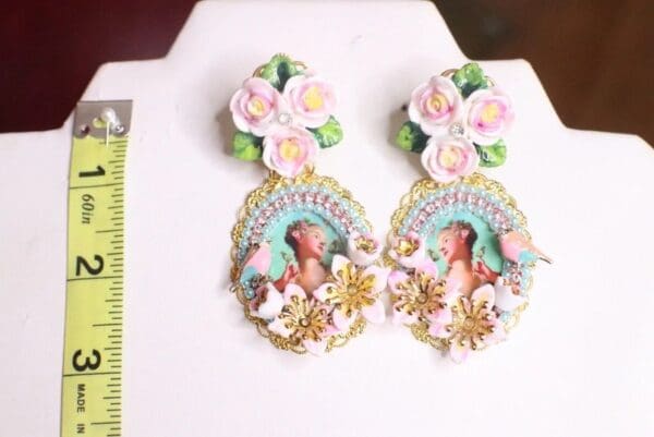 SOLD! 7532 Young Marie Antoinette Aqua Bird Roses Cameo Elegant Earrings - Image 4