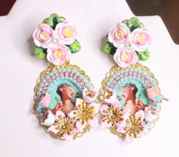 SOLD! 7532 Young Marie Antoinette Aqua Bird Roses Cameo Elegant Earrings