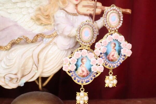 SOLD! 7535 Young Marie Antoinette Blue Small Roses Cameo Elegant Earrings - Image 6