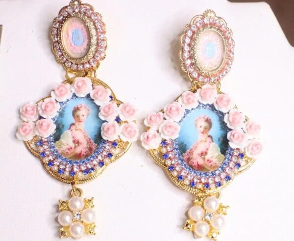 SOLD! 7535 Young Marie Antoinette Blue Small Roses Cameo Elegant Earrings - Image 7