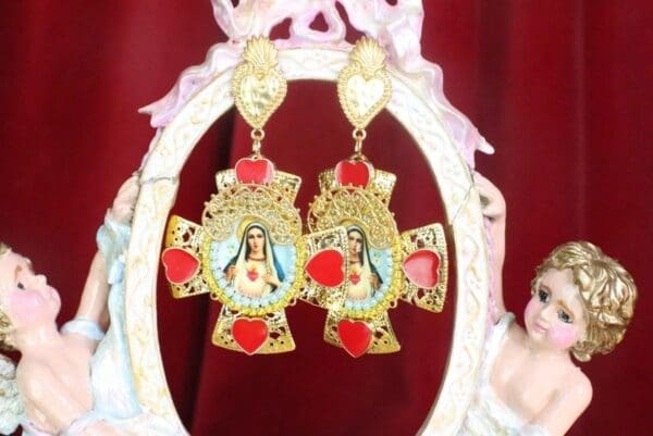 SOLD! 7536 Virgin Mary Cross Sacred Heart Cameo Studs Earrings - Image 2