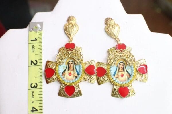 SOLD! 7536 Virgin Mary Cross Sacred Heart Cameo Studs Earrings - Image 8