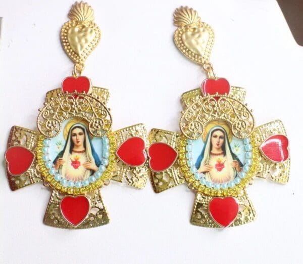 SOLD! 7536 Virgin Mary Cross Sacred Heart Cameo Studs Earrings