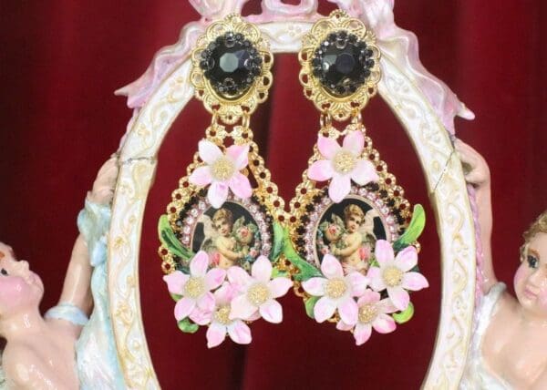 SOLD! 7537 Baroque Cherubs Angels Flowers Black Cameo Studs Earrings