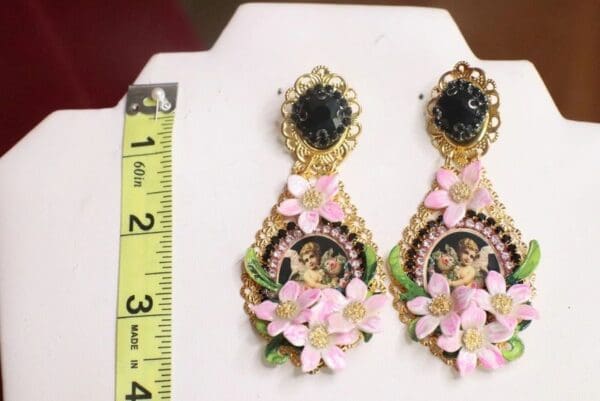 SOLD! 7537 Baroque Cherubs Angels Flowers Black Cameo Studs Earrings - Image 5