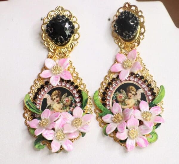 SOLD! 7537 Baroque Cherubs Angels Flowers Black Cameo Studs Earrings - Image 2