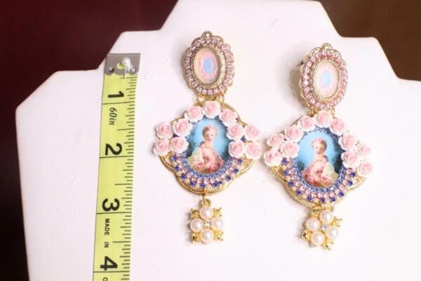 SOLD! 7535 Young Marie Antoinette Blue Small Roses Cameo Elegant Earrings - Image 8