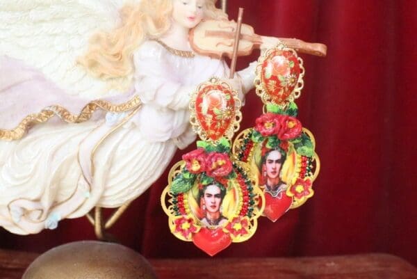 SOLD!7546 Frida Kahlo Scull Flower Hand Painted Earrings - Image 2