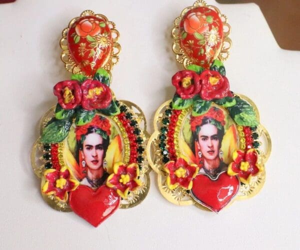 SOLD!7546 Frida Kahlo Scull Flower Hand Painted Earrings - Image 3