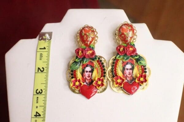 SOLD!7546 Frida Kahlo Scull Flower Hand Painted Earrings - Image 4