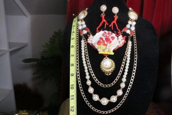 SOLD! 7547 Set Of Nautical Marine 3D Effect Fish Genuine Red Coral Gemstones Massive Necklace+ Earrings - Image 6
