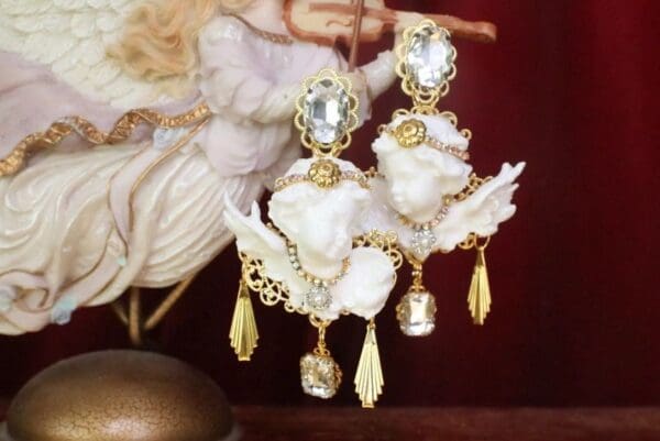 SOLD! 7561 Baroque White Large Chubby Cherubs Angels Dangle Earrings