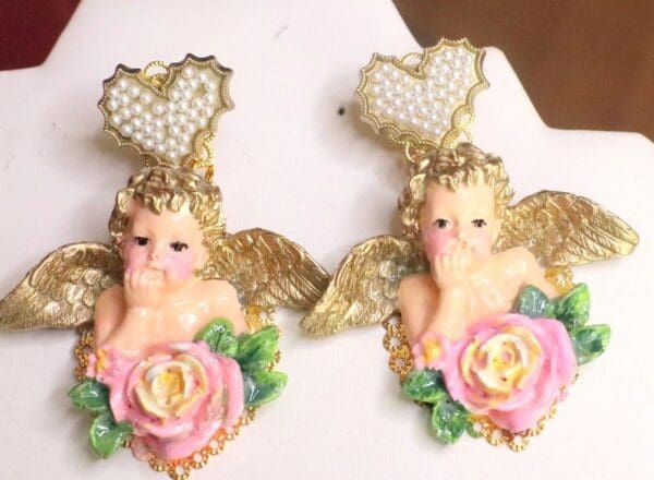 SOLD! 7562 Baroque Raphael Cherubs Pearl Heart Hand Painted Earrings - Image 4