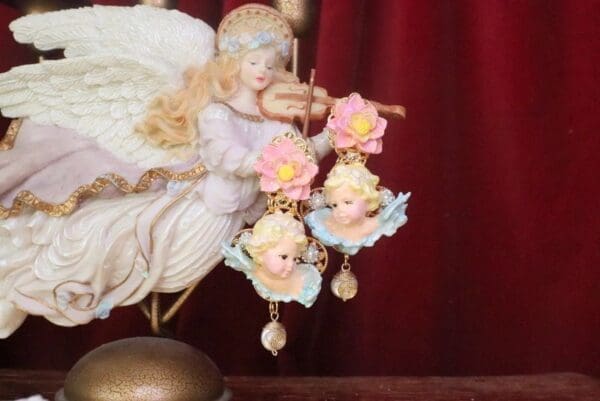 SOLD! 7563 Baroque Chubby Pastel Cherubs Hand Painted Earrings - Image 3