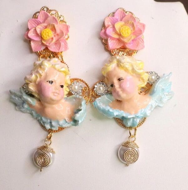 SOLD! 7563 Baroque Chubby Pastel Cherubs Hand Painted Earrings