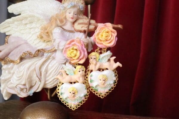 SOLD! 7564 Baroque Chubby Pastel Cherubs Hearts Hand Painted Earrings
