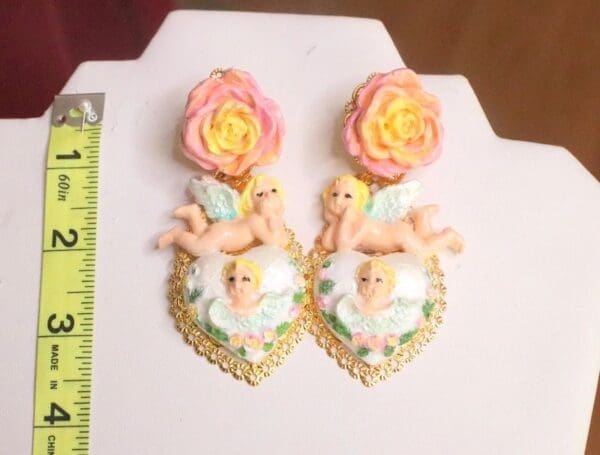 SOLD! 7564 Baroque Chubby Pastel Cherubs Hearts Hand Painted Earrings - Image 2