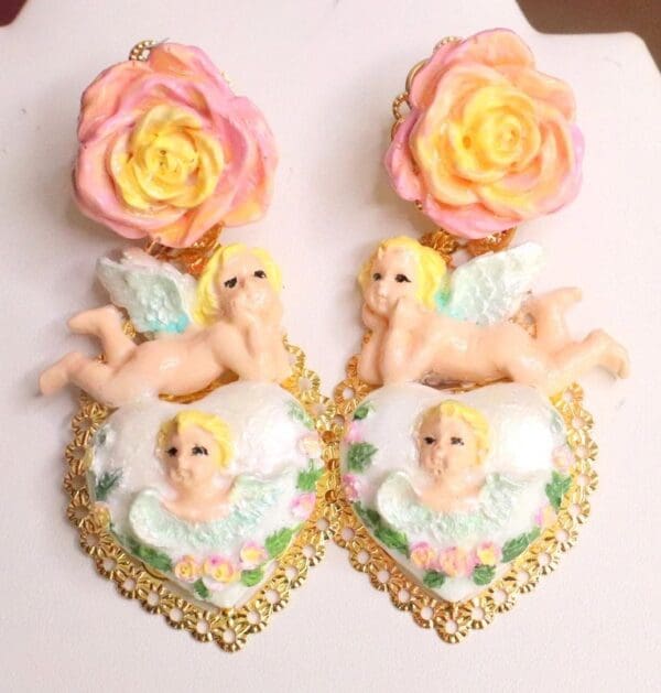 SOLD! 7564 Baroque Chubby Pastel Cherubs Hearts Hand Painted Earrings - Image 3