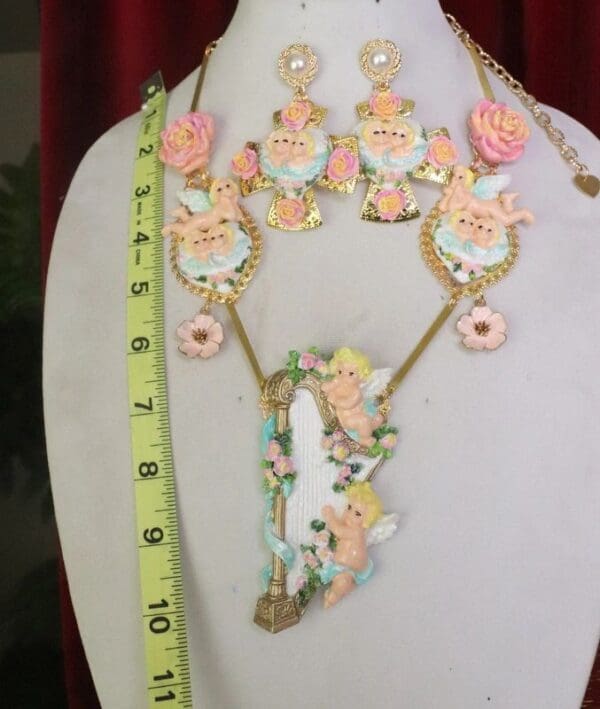 SOLD! 7565 Set Of Rococo Hand Painted Cherubs Angels Harp Massive Necklace+ Earrings - Image 9