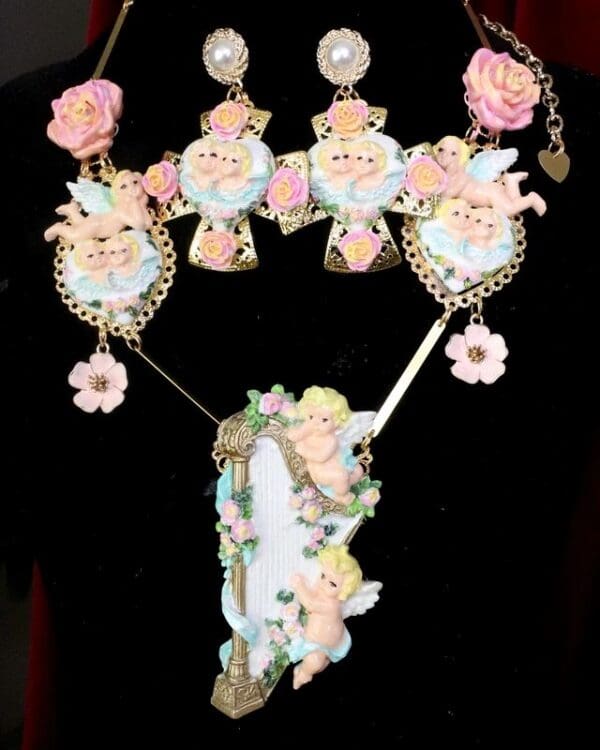 SOLD! 7565 Set Of Rococo Hand Painted Cherubs Angels Harp Massive Necklace+ Earrings