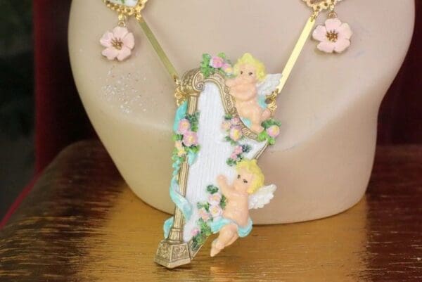 SOLD! 7565 Set Of Rococo Hand Painted Cherubs Angels Harp Massive Necklace+ Earrings - Image 6
