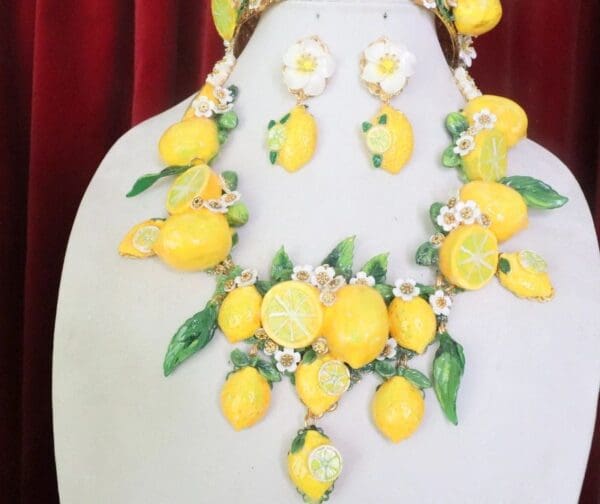 SOLD! 7570 Set Of Baroque 3D Effect Lemon Fruit Statement Necklace+ Earrings - Image 3