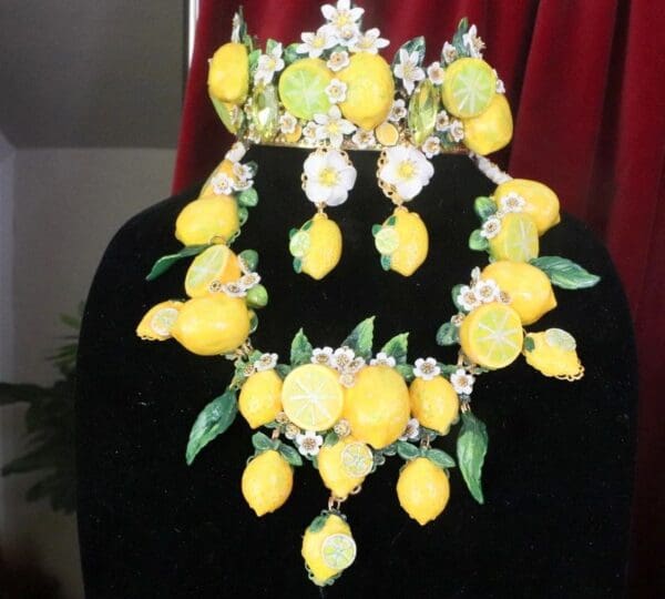 SOLD! 7570 Set Of Baroque 3D Effect Lemon Fruit Statement Necklace+ Earrings