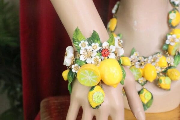 SOLD! 7573 Baroque Vivid Lemon Fruit Flower Blossom Ladybug Massive Bracelet