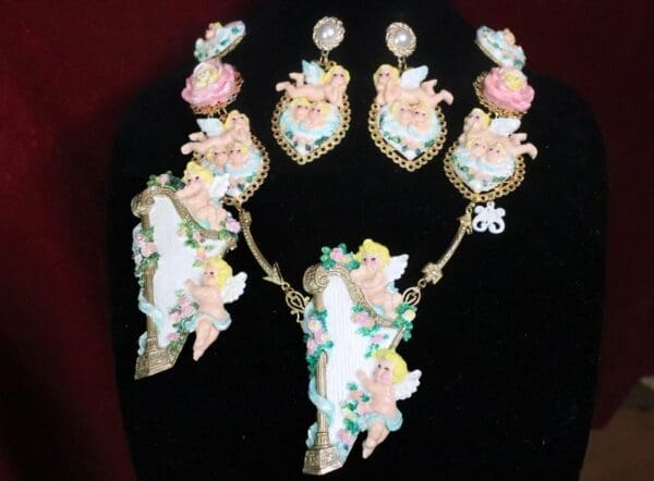 SOLD! 7583 Set Of Rococo Hand Painted Cherubs Angels Harp Massive Necklace+ Earrings - Image 3