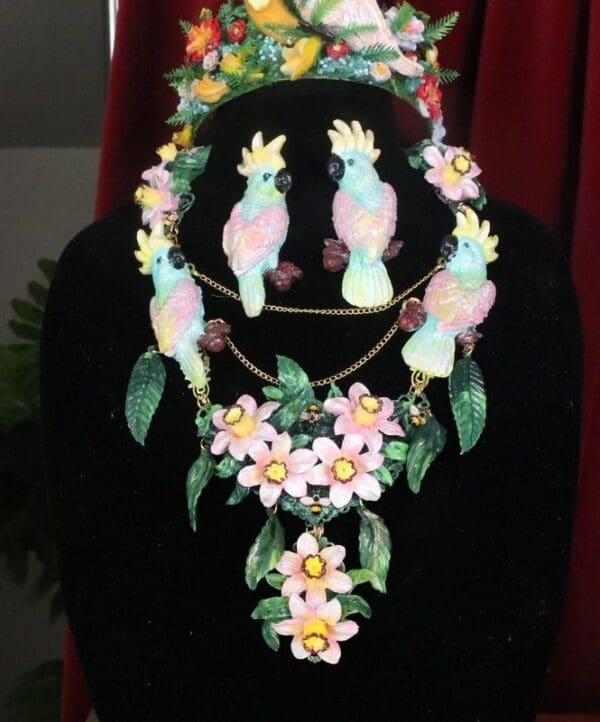 SOLD! 7584 Art Nouveau Pastel Parrots Dona Anna Flower Hand Painted Necklace
