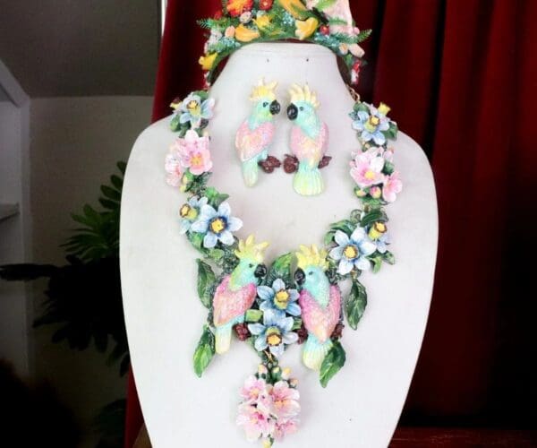 SOLD! 7585 Art Nouveau Pastel Parrots Dona Anna Cherry Blossom Flower Hand Painted Necklace - Image 2