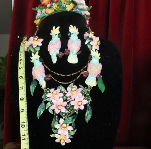 SOLD! 7586 Art Nouveau Pastel Parrots Dona Anna Cherry Blossom Flower Hand Painted Necklace - Image 7