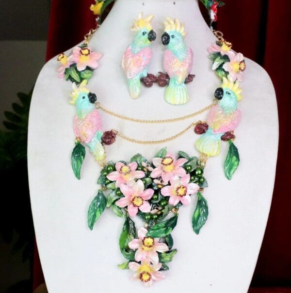 SOLD! 7586 Art Nouveau Pastel Parrots Dona Anna Cherry Blossom Flower Hand Painted Necklace