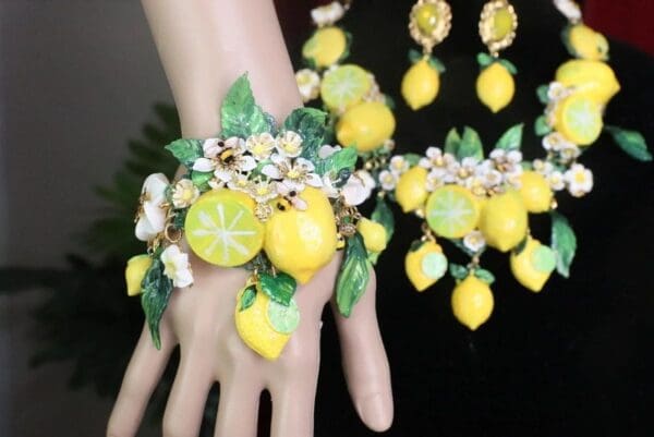 SOLD! 7589 Baroque Vivid Lemon Fruit Flower Blossom Ladybug Massive Bracelet
