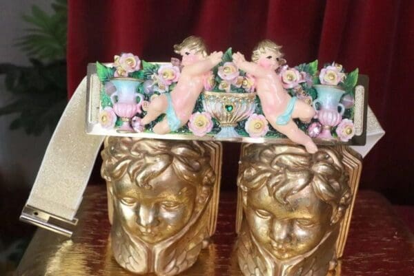 SOLD! 7597 La Moda Baroque Runway Chubby Cherubs Angels Pastel Embellished Waist Gold Belt Size S, L, M - Image 2