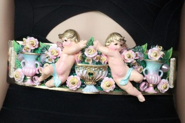SOLD! 7597 La Moda Baroque Runway Chubby Cherubs Angels Pastel Embellished Waist Gold Belt Size S, L, M - Image 6