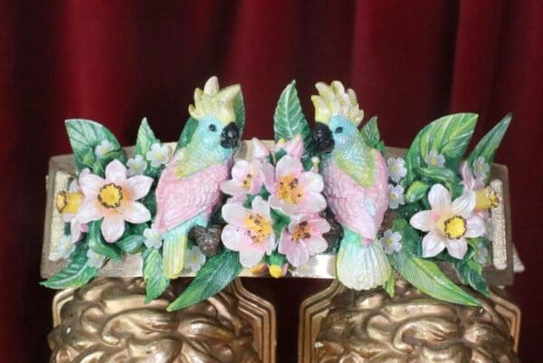 SOLD! 7598 Art Nouveau Hand Painted Pearlish Parrots Tropical Dona Anna Flowers Embellished Waist Gold Belt Size S, L, M