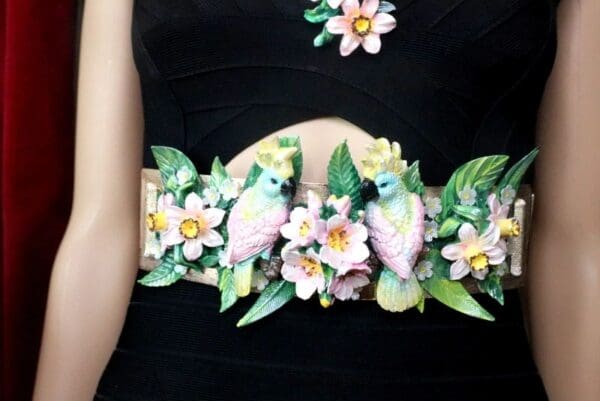 SOLD! 7598 Art Nouveau Hand Painted Pearlish Parrots Tropical Dona Anna Flowers Embellished Waist Gold Belt Size S, L, M - Image 2